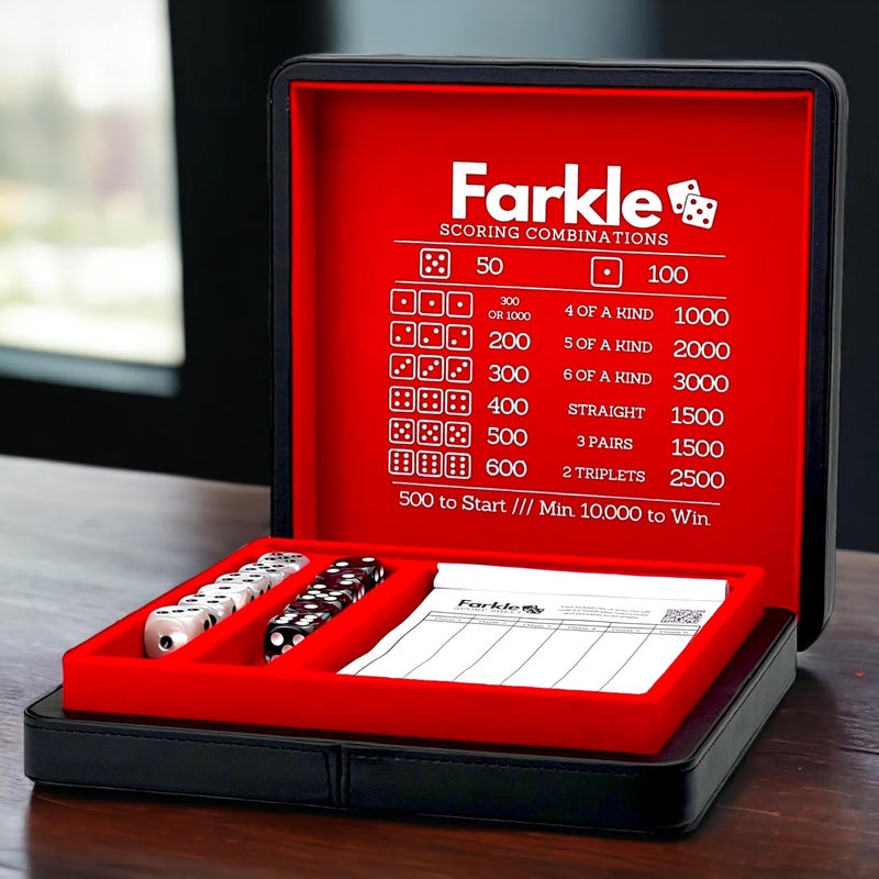 Luck Lab Farkle Dice Tray and Storage Case - Includes Embedded Scoring Combinations, 2 Sets of 6 Pearl Dice, 40 Sheet Score Pad and Pen Holder for The Classic Family Game (Red) - Image 3